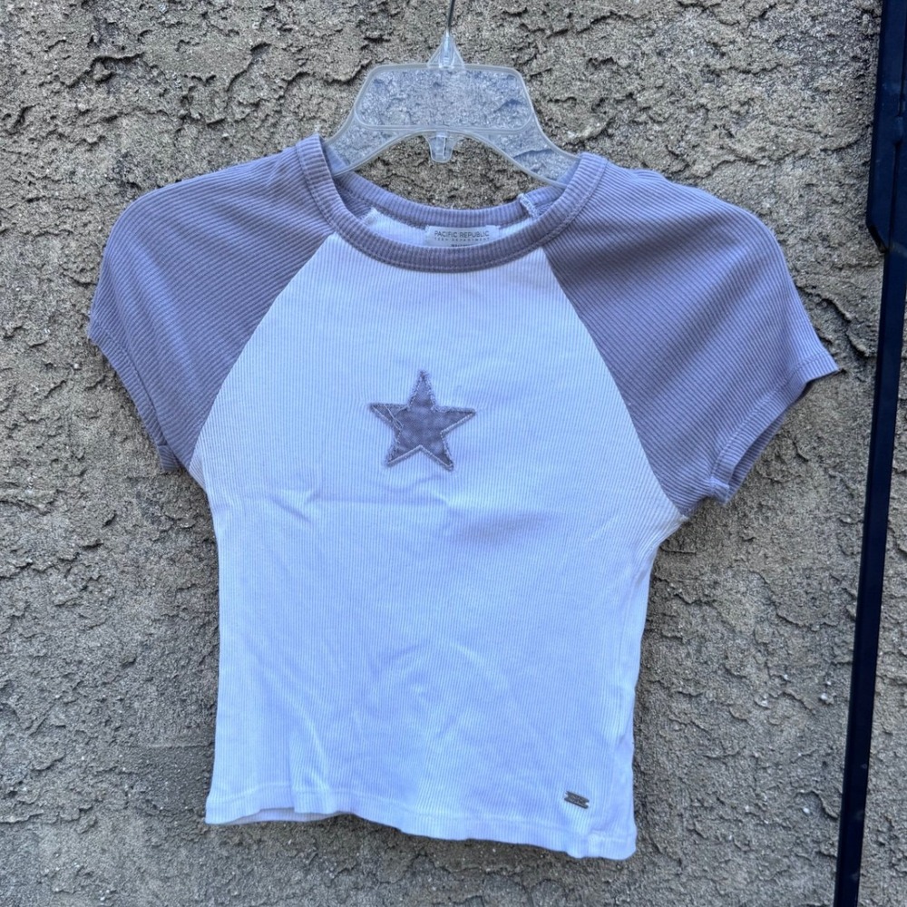 Pull&Bear Baby Tee Women Small White Purple Star Raglan Ribbed Cotton Crop Top